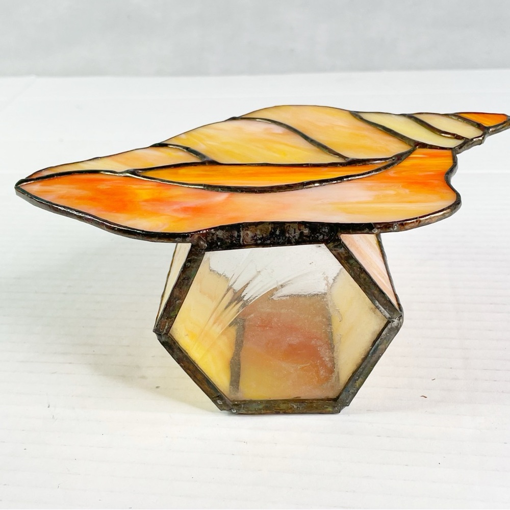 Vintage Stained Glass Candle Votive Holder Conch Seashell Tiffany Style Beachy - Picture 6 of 8